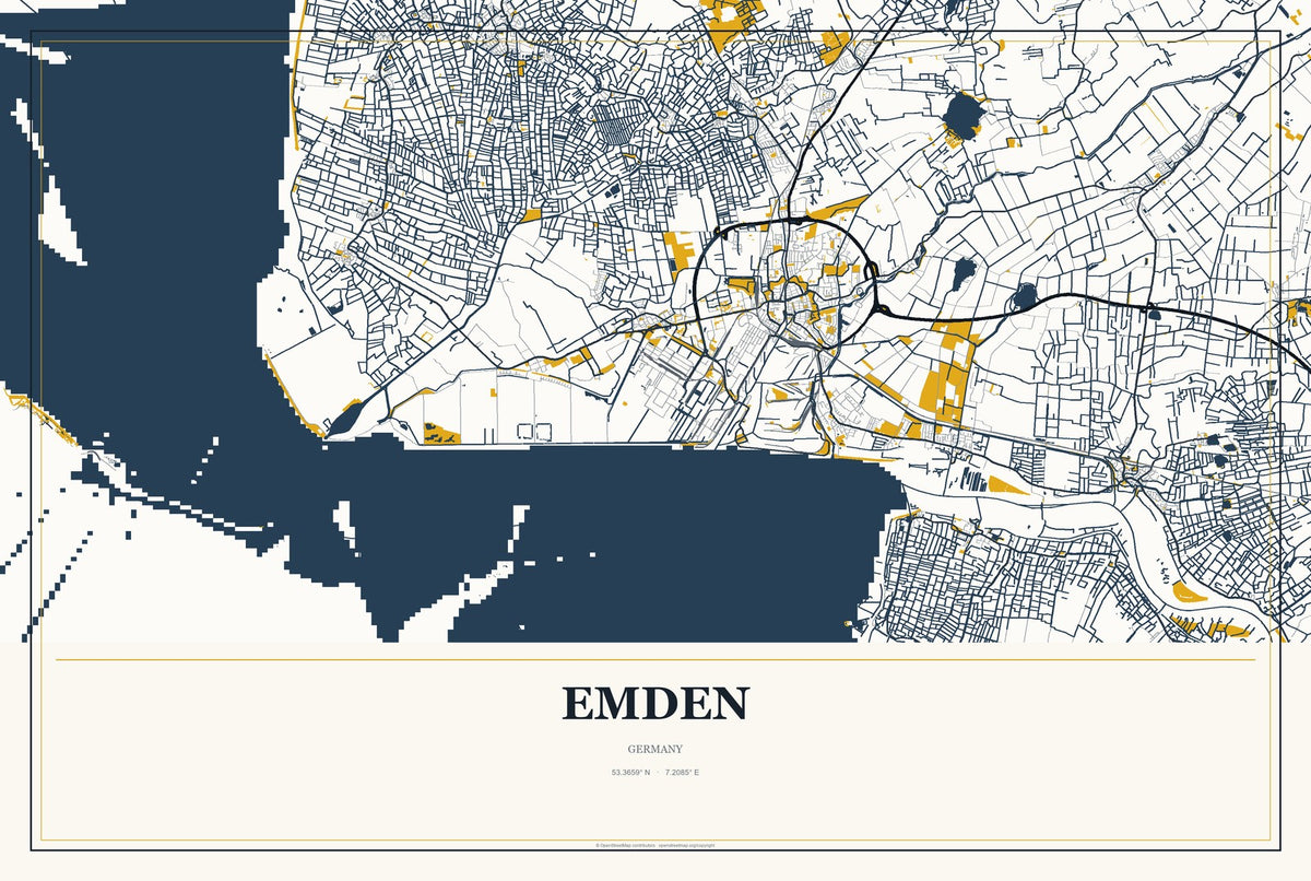 Emden, Germany City Map Aluminum Sign in Citrine Modern style