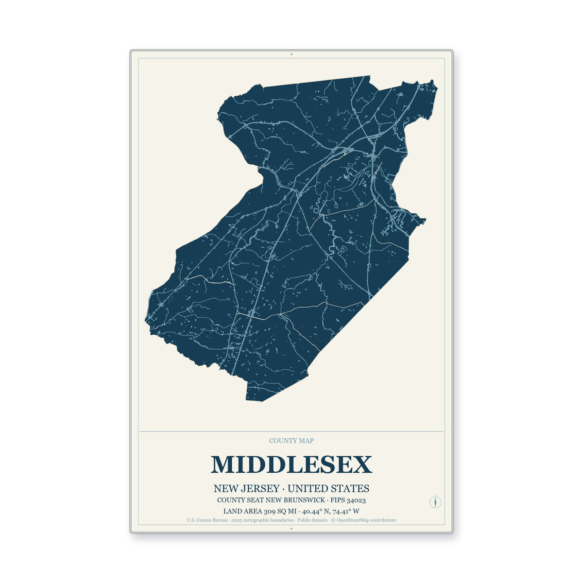 Middlesex County, New Jersey Map Aluminum Sign in Coastal Cutout style