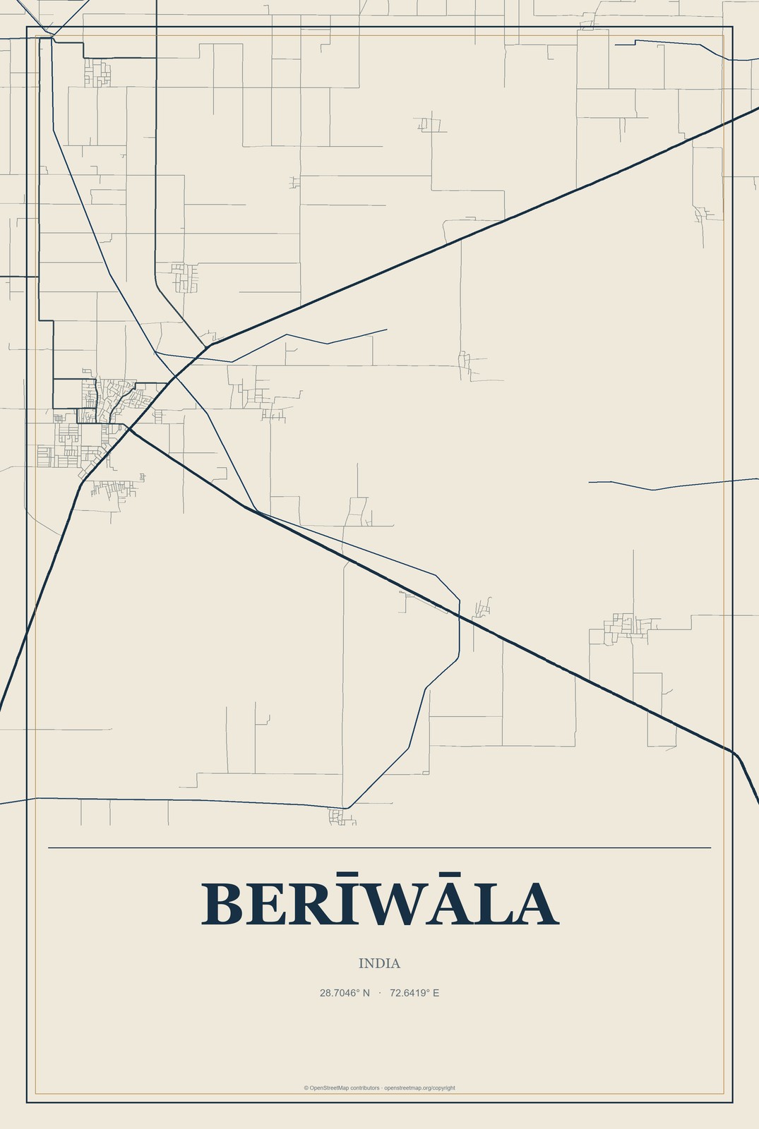 Berīwāla, India City Map Aluminum Sign in Coastal Cutout style