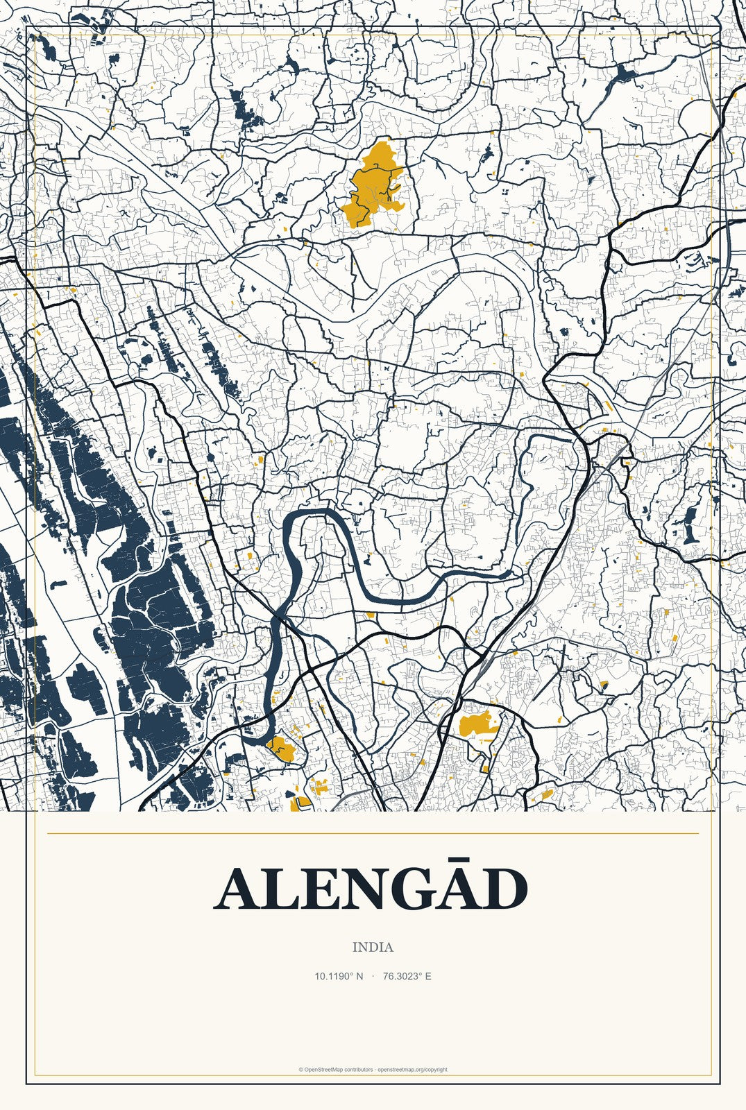 Alengād, India City Map Aluminum Sign in Citrine Modern style