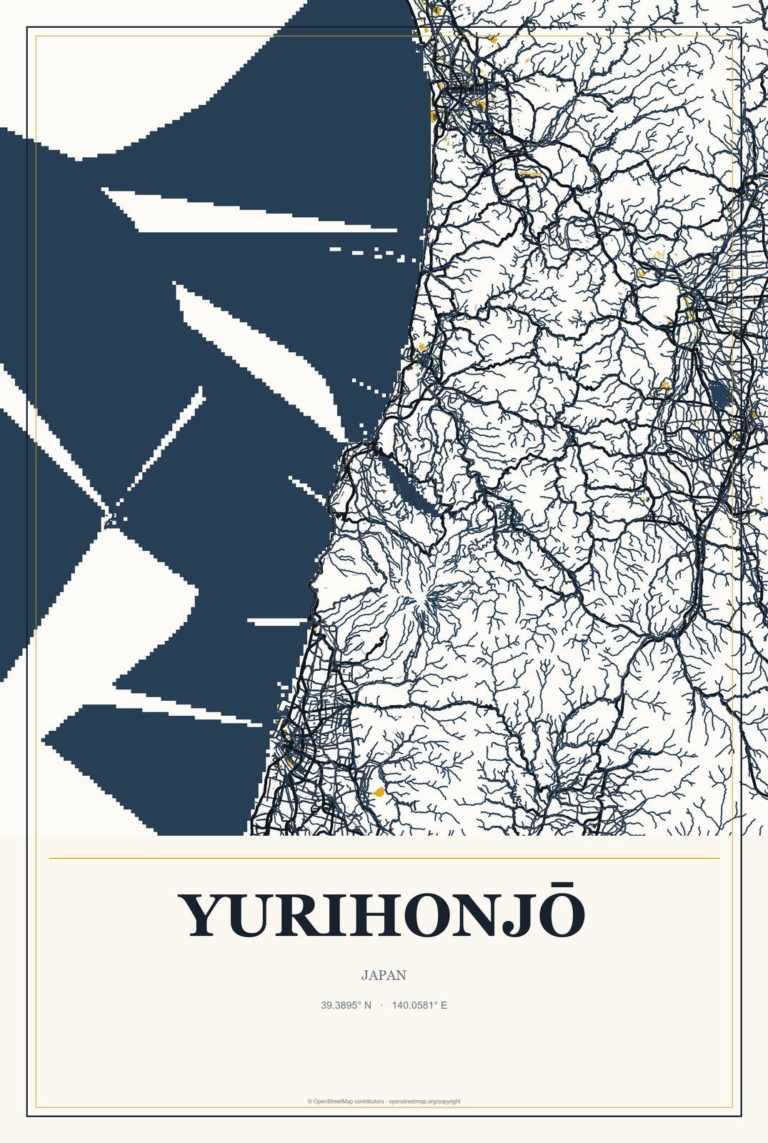 Yurihonjō, Japan City Map Aluminum Sign in Citrine Modern style