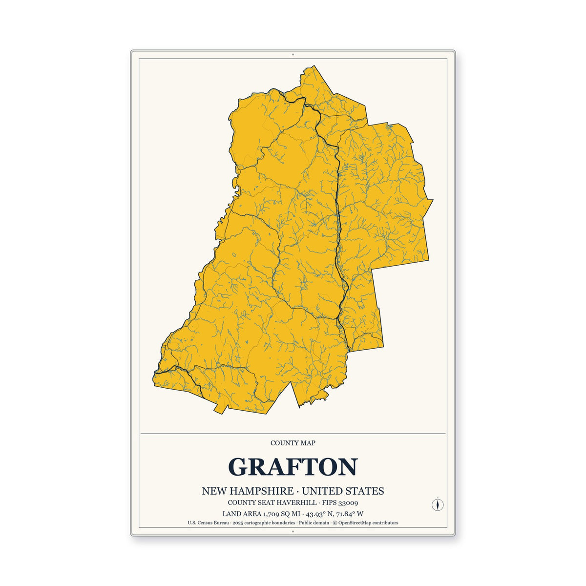 Grafton County, New Hampshire Map Aluminum Sign in Citrine Modern style