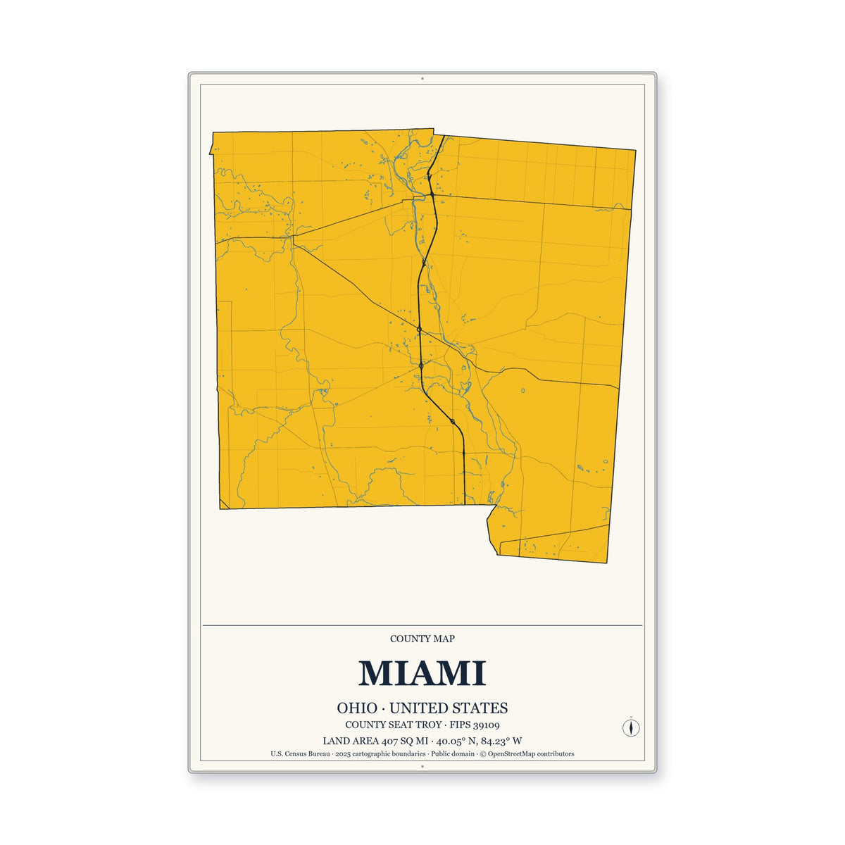 Miami County, Ohio Map Aluminum Sign in Citrine Modern style