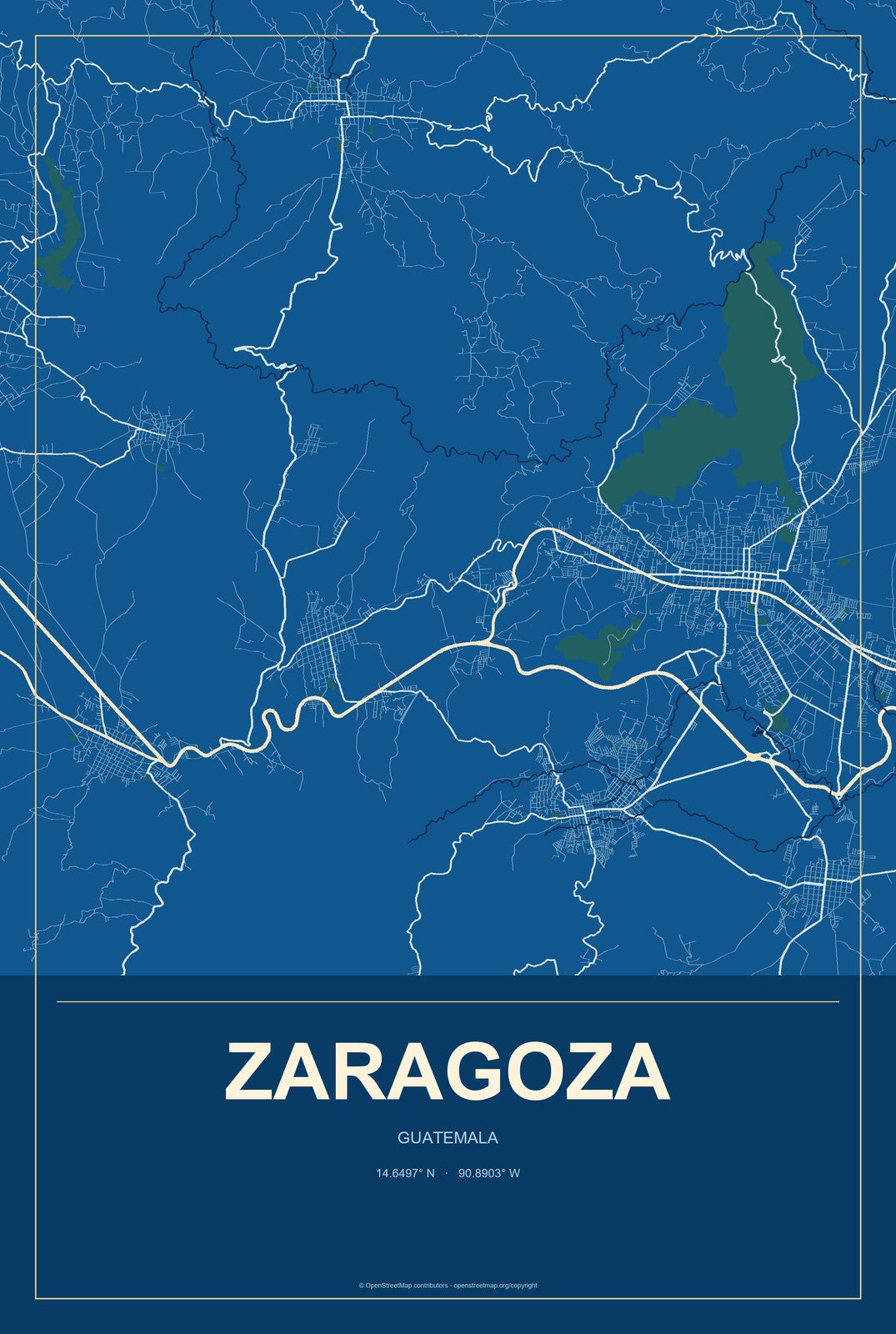 Zaragoza, Guatemala City Map Aluminum Sign in Harbor Cobalt style