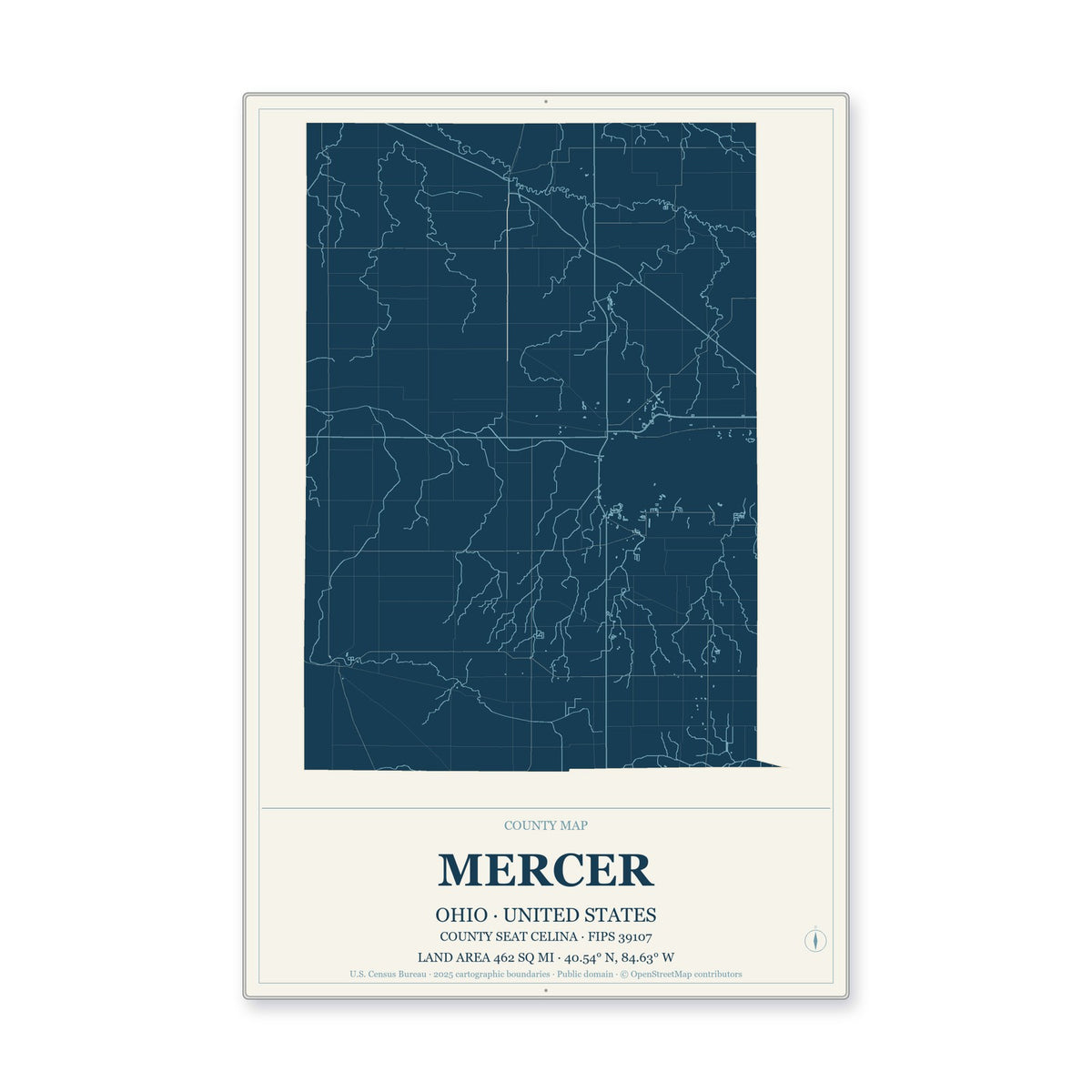 Mercer County, Ohio Map Aluminum Sign in Coastal Cutout style