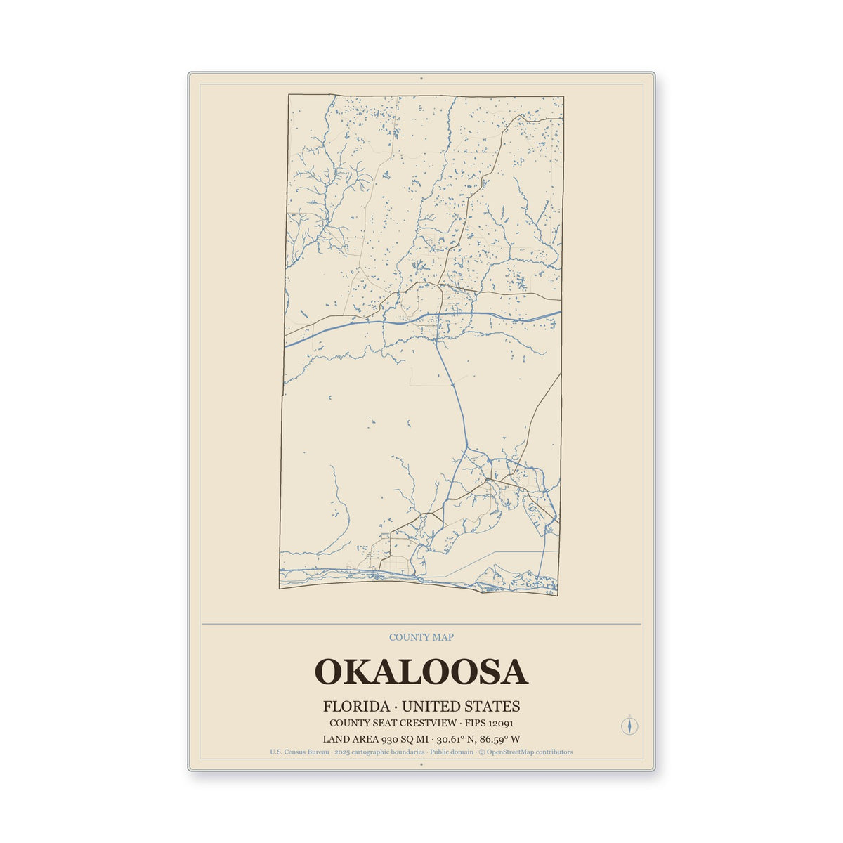 Okaloosa County, Florida Map Aluminum Sign in Heritage Nautical style
