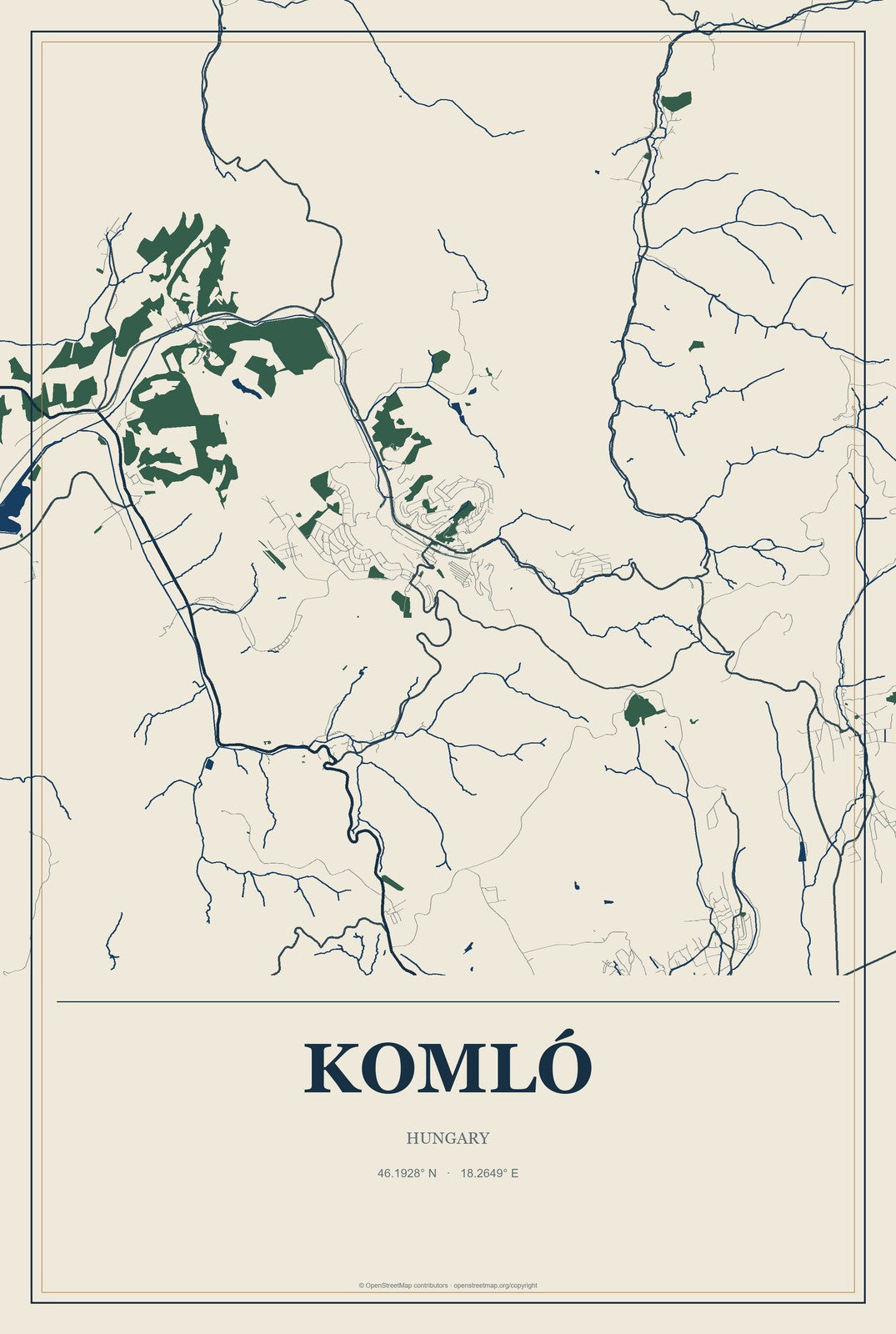 Komló, Hungary City Map Aluminum Sign in Coastal Cutout style