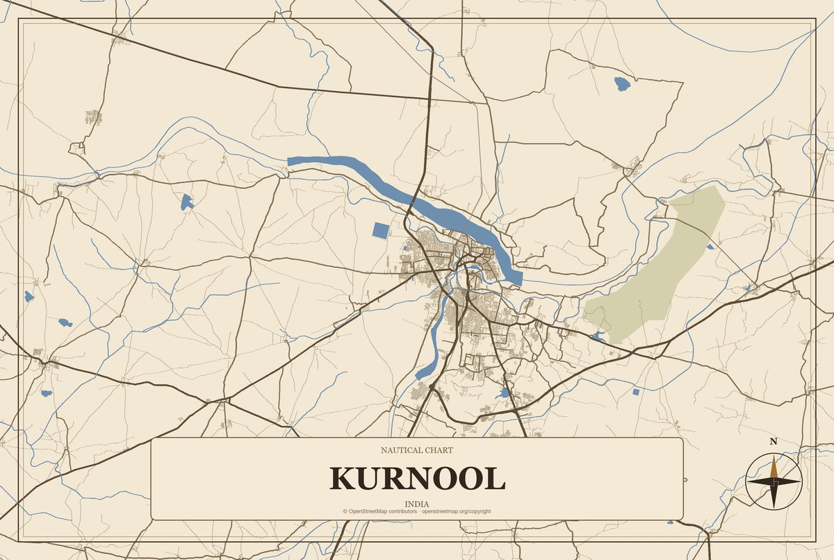 Kurnool, India City Map Aluminum Sign in Heritage Nautical style