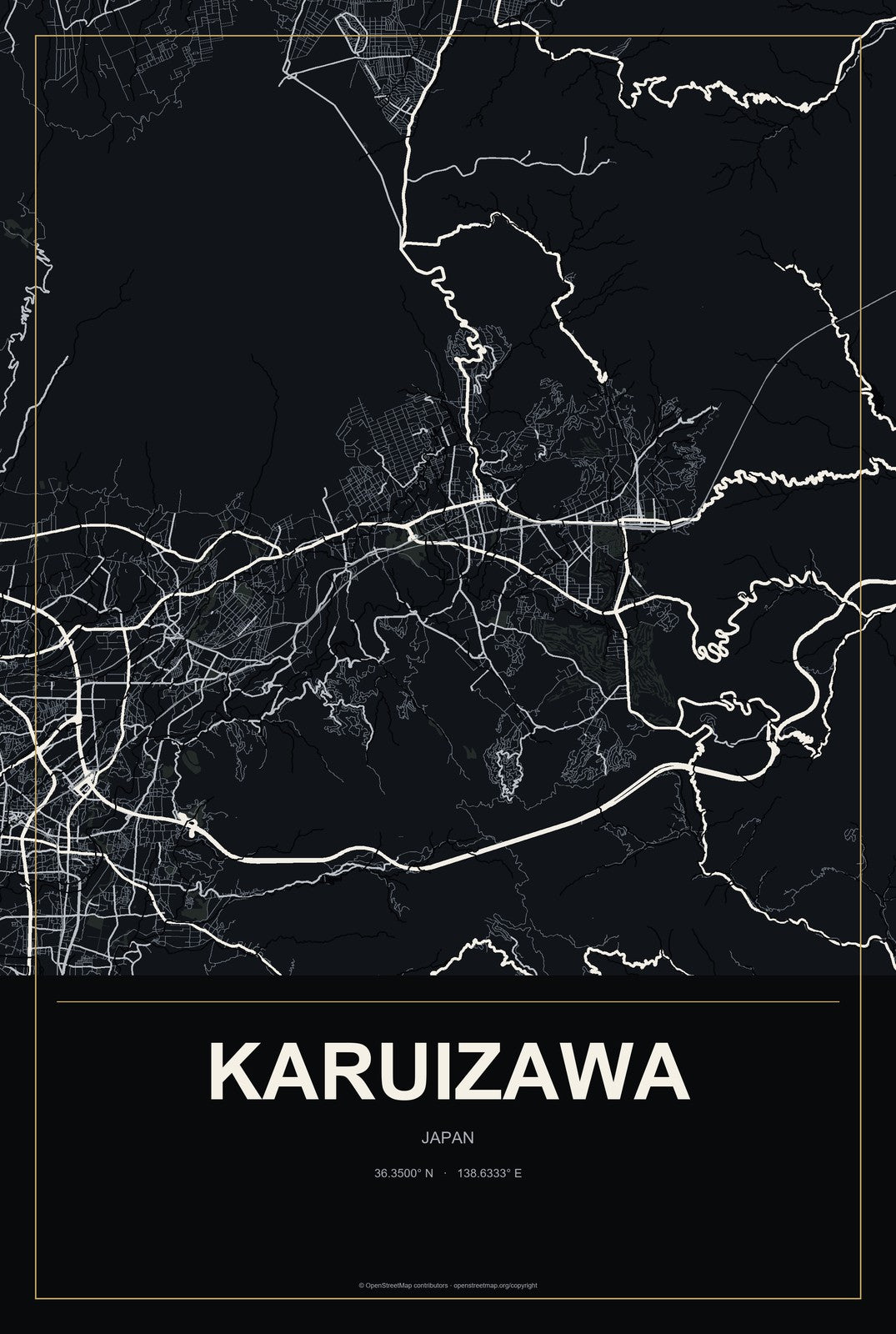 Karuizawa, Japan City Map Aluminum Sign in Metropolitan Noir style