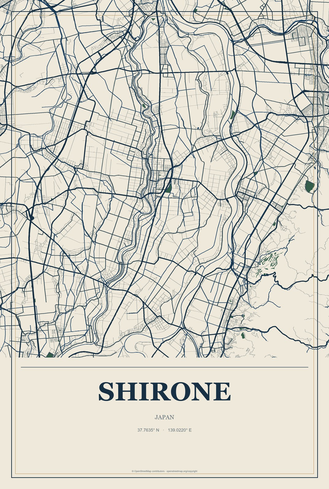 Shirone, Japan City Map Aluminum Sign in Coastal Cutout style