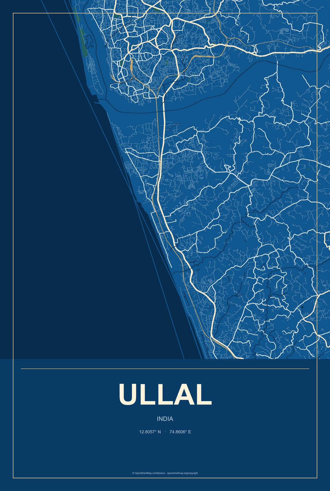 Ullal, India City Map Aluminum Sign in Harbor Cobalt style