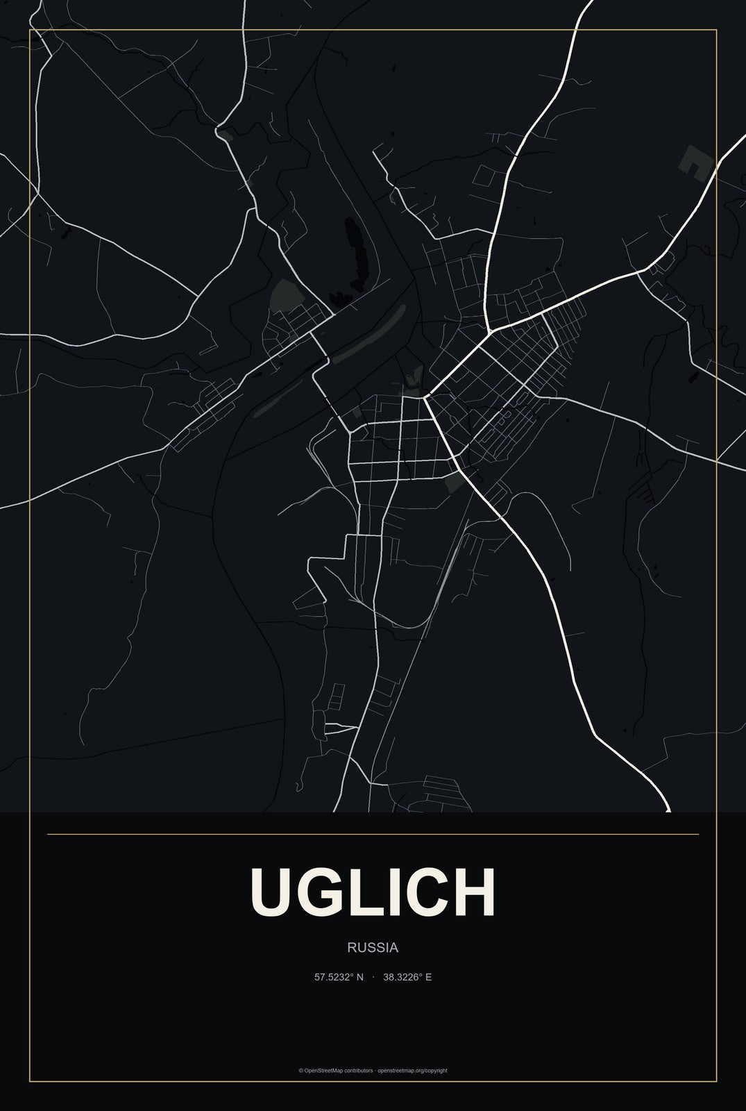 Uglich, Russia City Map Aluminum Sign in Metropolitan Noir style