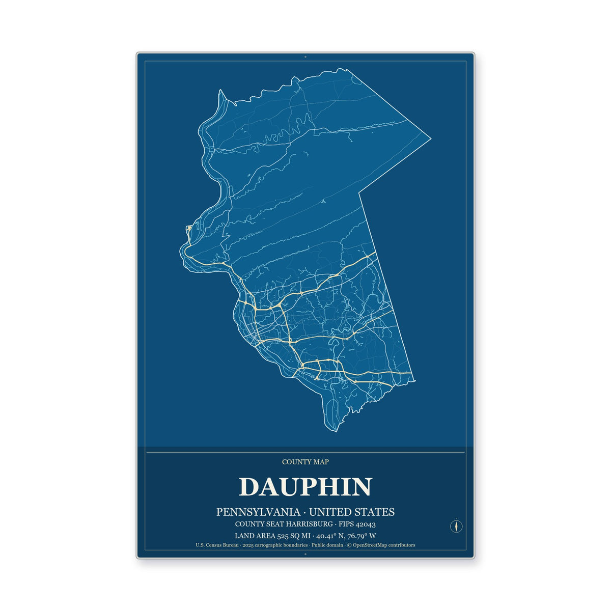 Dauphin County, Pennsylvania Map Aluminum Sign in Harbor Cobalt style