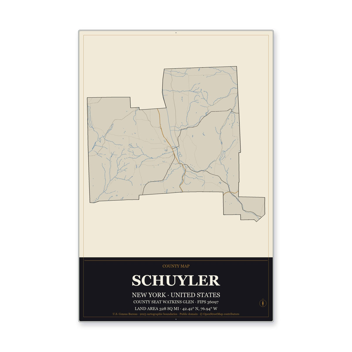 Schuyler County, New York Map Aluminum Sign in Museum Plaque style