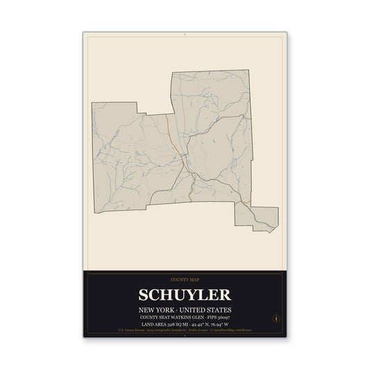 Schuyler County, New York Map Aluminum Sign in Museum Plaque style
