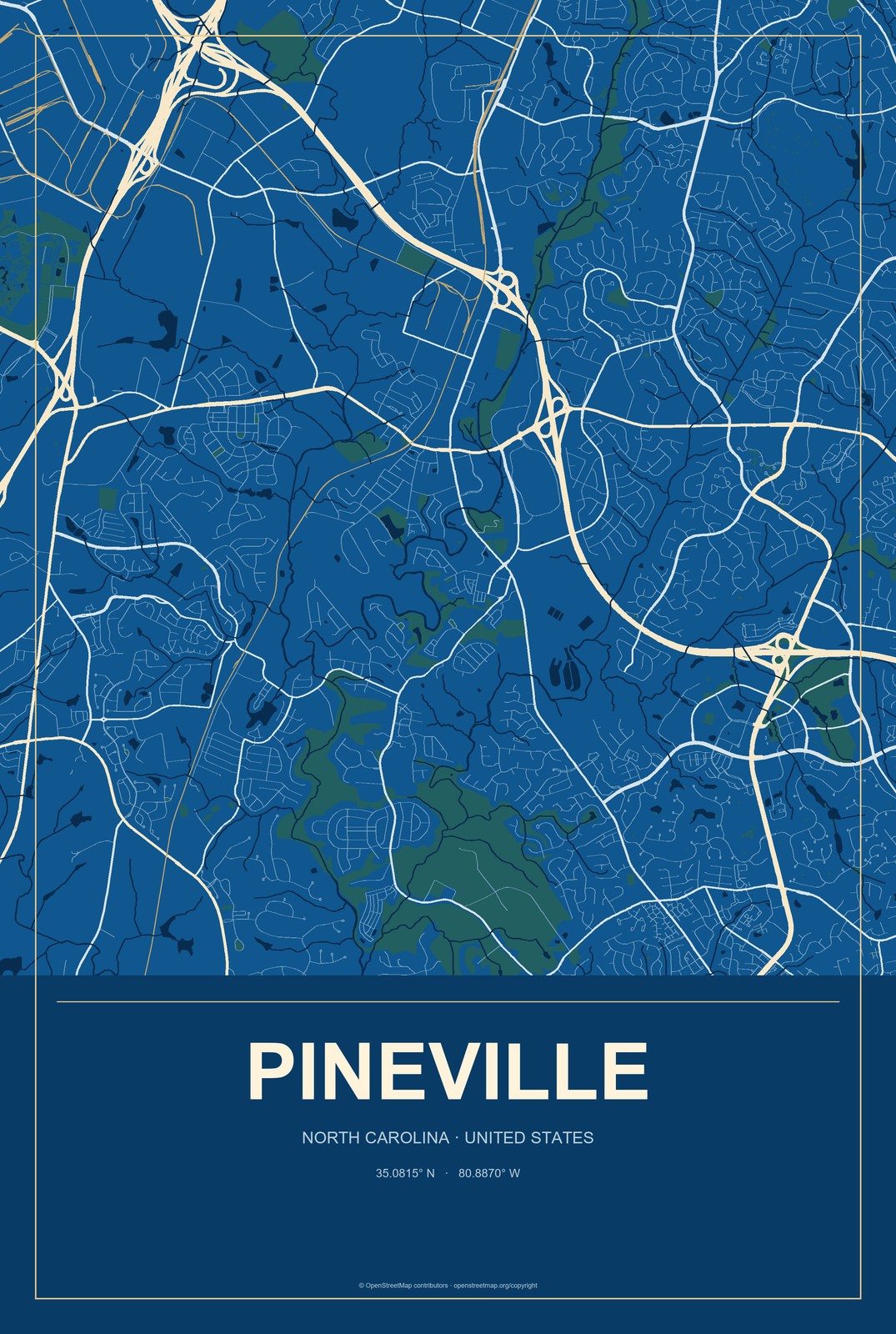 Pineville, North Carolina City Map Aluminum Sign in Harbor Cobalt style