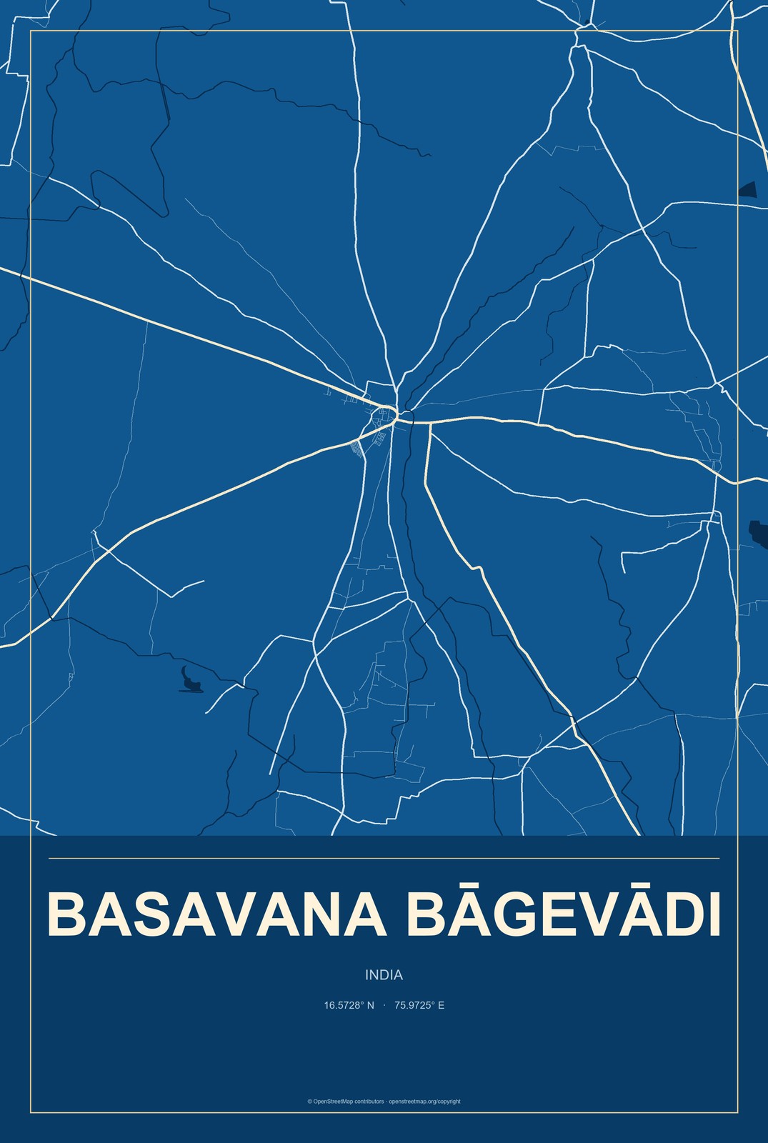 Basavana Bāgevādi, India City Map Aluminum Sign in Harbor Cobalt style