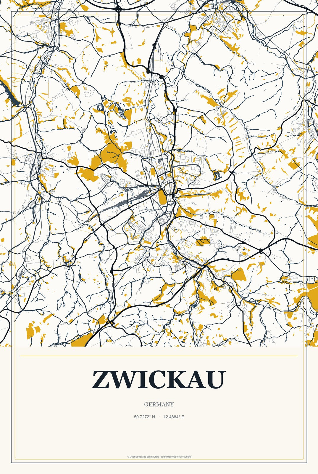 Zwickau, Germany City Map Aluminum Sign in Citrine Modern style