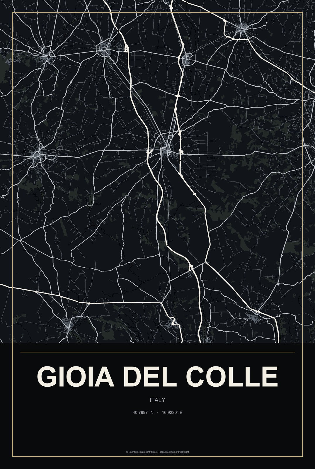 Gioia del Colle, Italy City Map Aluminum Sign in Metropolitan Noir style