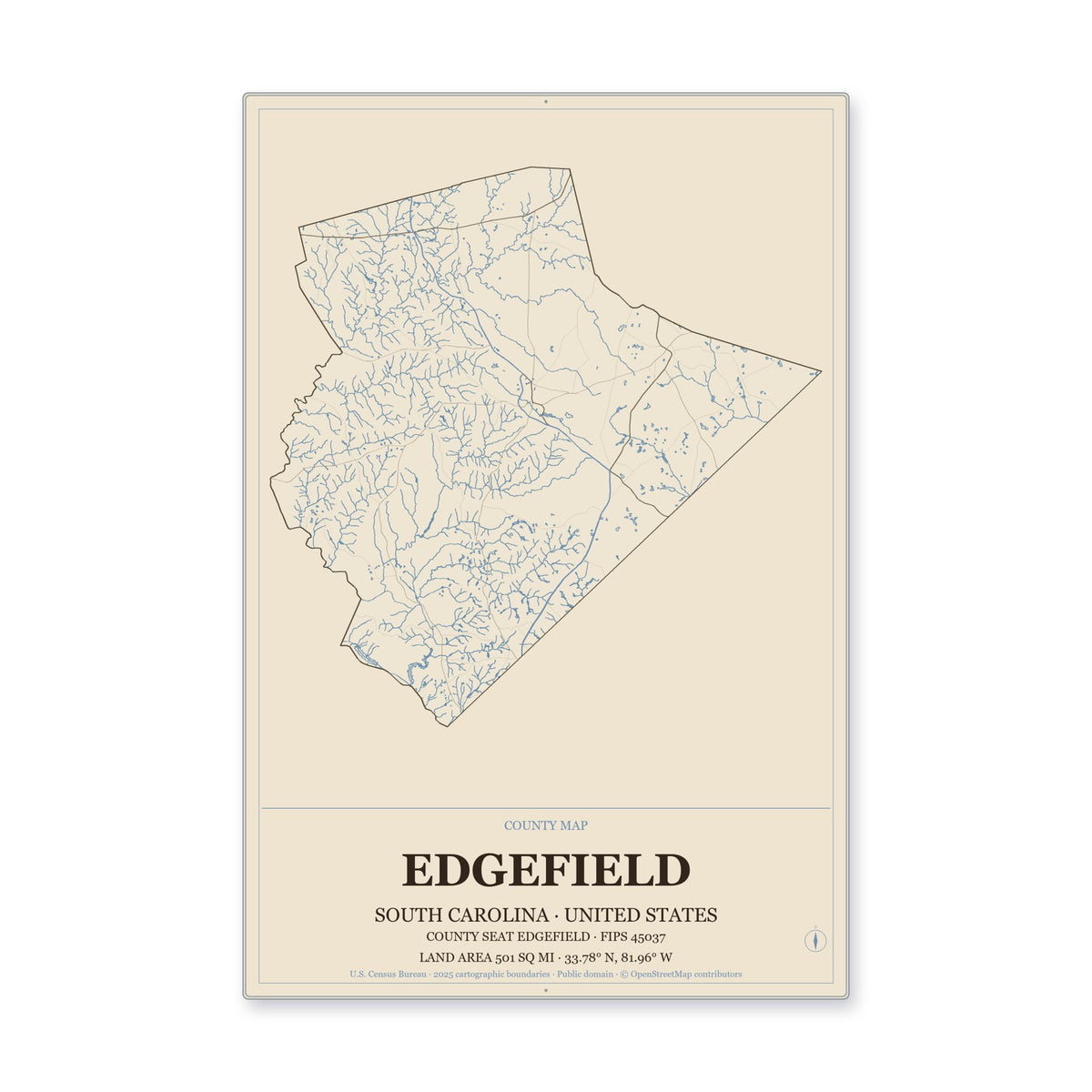 Edgefield County, South Carolina Map Aluminum Sign in Heritage Nautical style