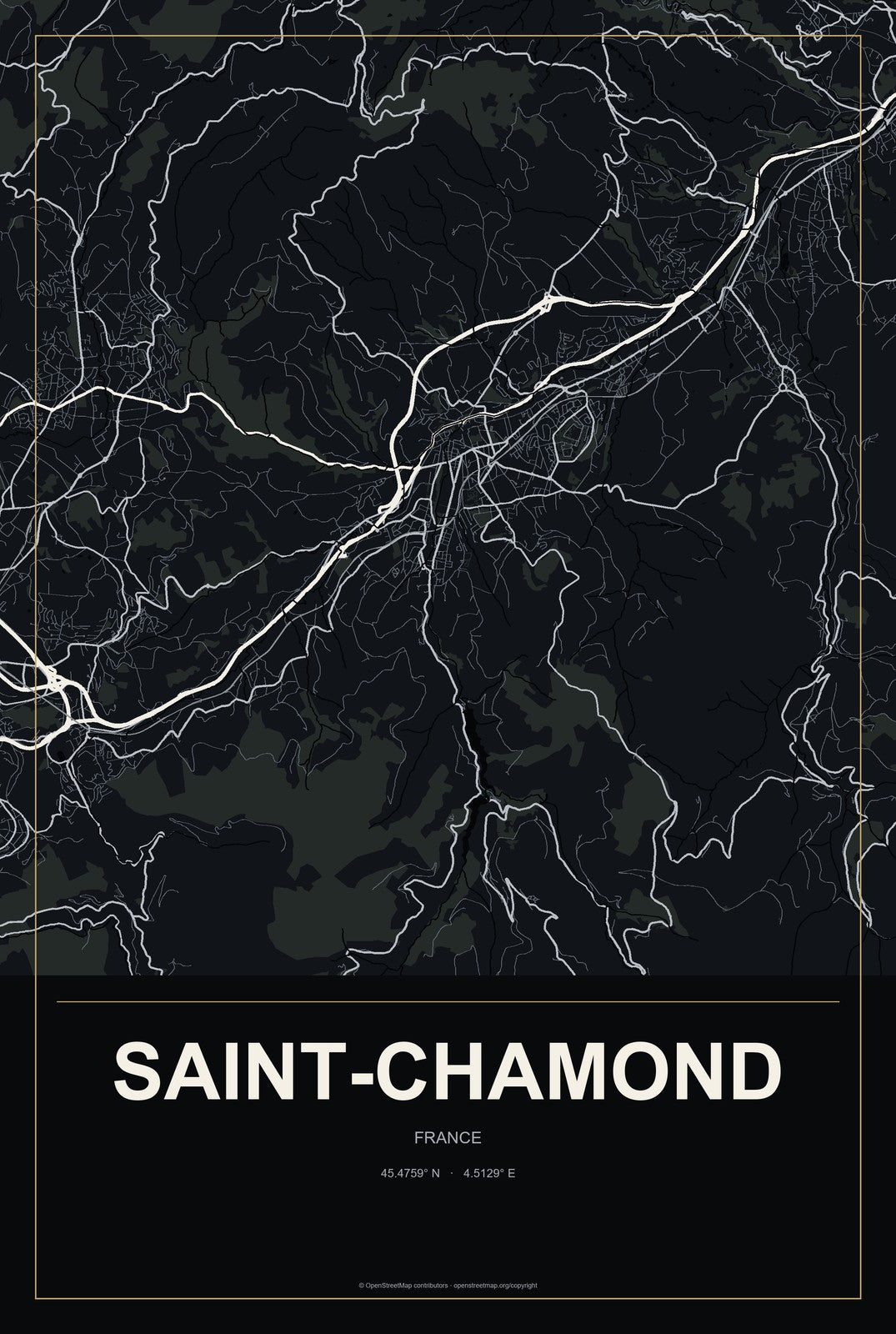 Saint-Chamond, France City Map Aluminum Sign in Metropolitan Noir style