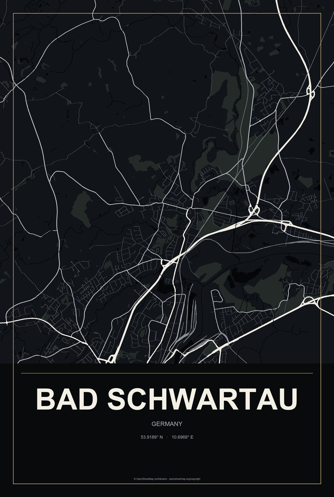 Bad Schwartau, Germany City Map Aluminum Sign in Metropolitan Noir style