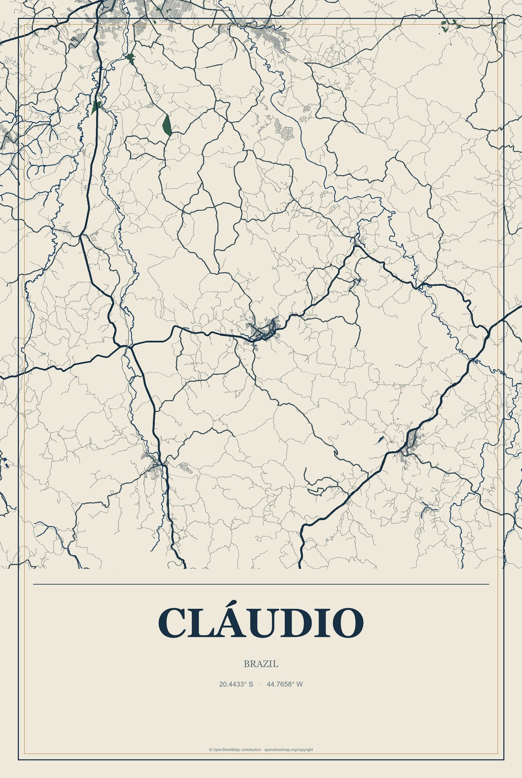 Cláudio, Brazil City Map Aluminum Sign in Coastal Cutout style
