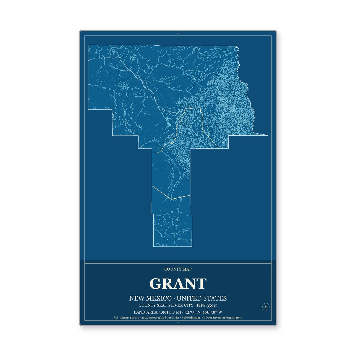 Grant County, New Mexico Map Aluminum Sign in Harbor Cobalt style