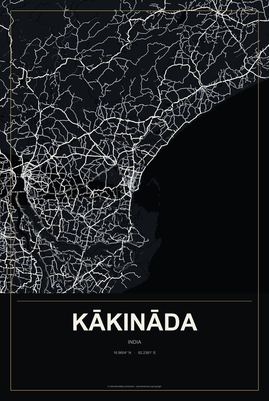 Kākināda, India City Map Aluminum Sign in Metropolitan Noir style