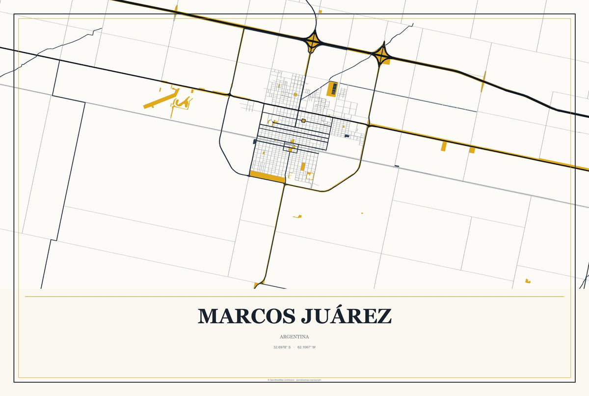 Marcos Juárez, Argentina City Map Aluminum Sign in Citrine Modern style