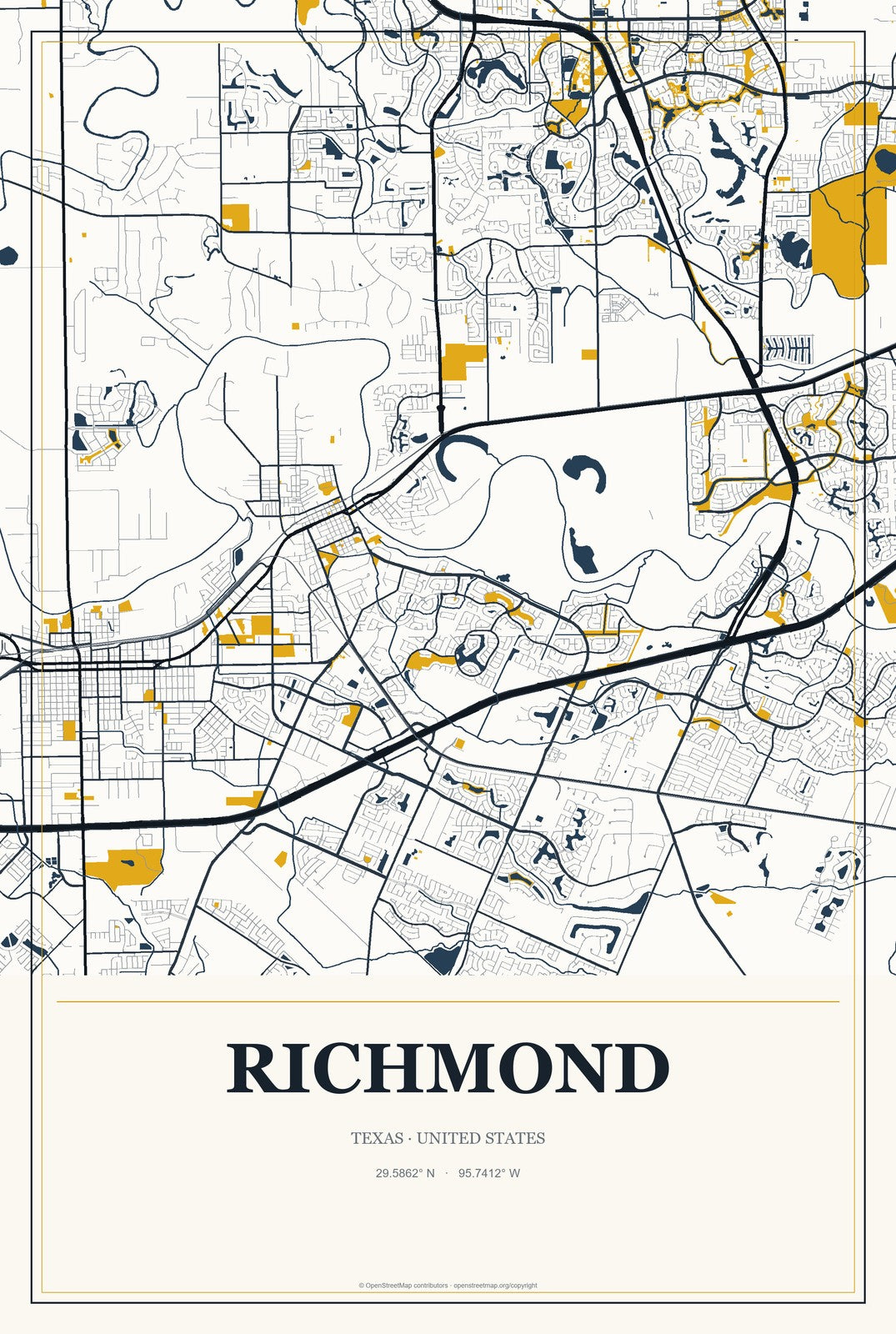 Richmond, Texas City Map Aluminum Sign in Citrine Modern style