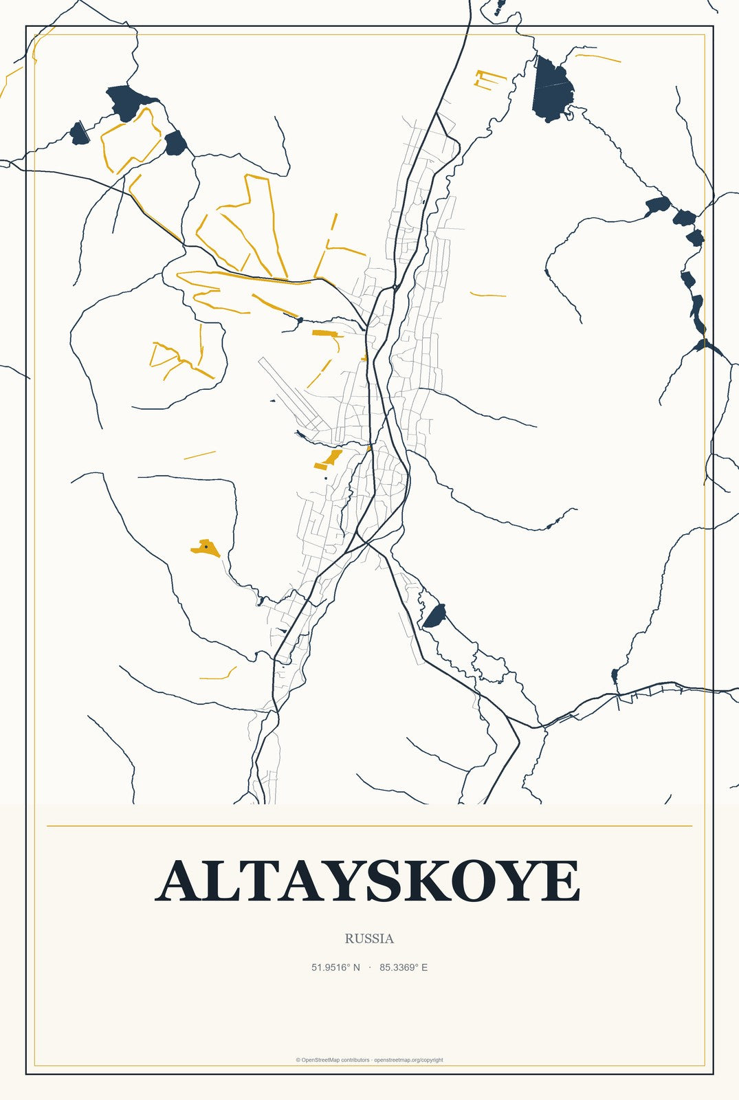 Altayskoye, Russia City Map Aluminum Sign in Citrine Modern style