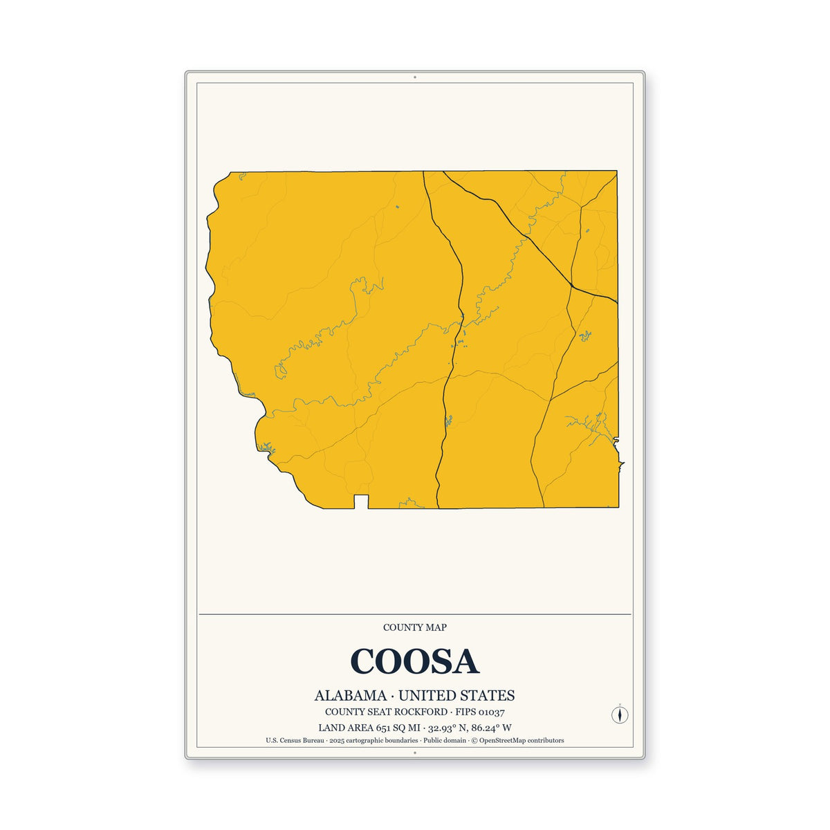 Coosa County, Alabama Map Aluminum Sign in Citrine Modern style