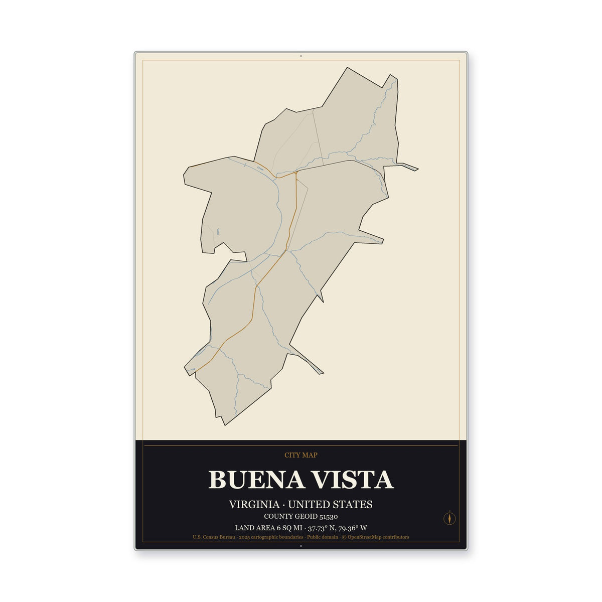 Buena Vista city, Virginia Map Aluminum Sign in Museum Plaque style