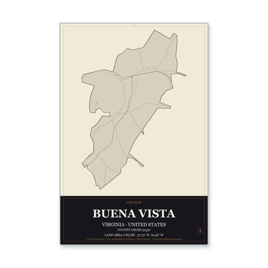 Buena Vista city, Virginia Map Aluminum Sign in Museum Plaque style