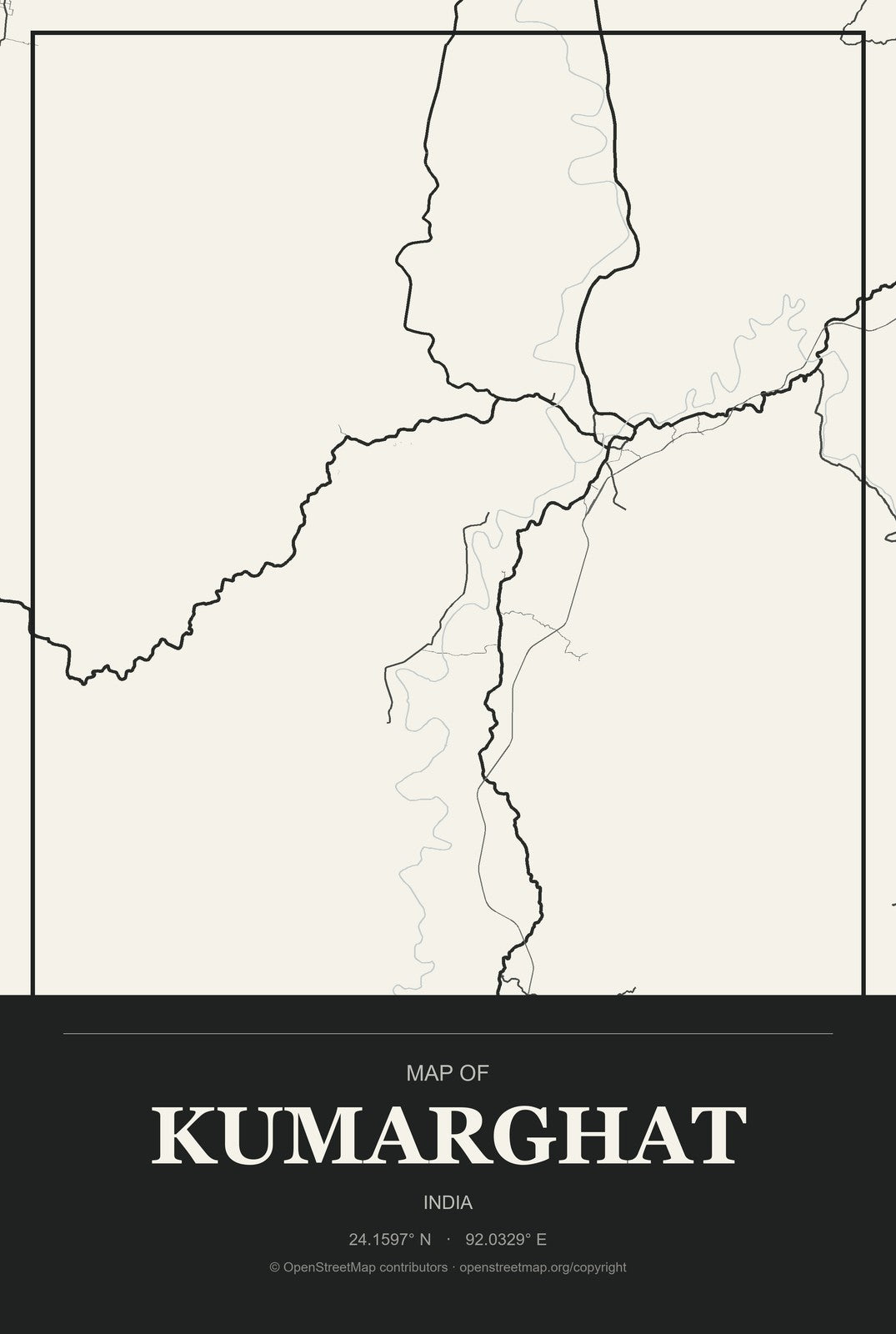 Kumarghat, India City Map Aluminum Sign in Museum Plaque style