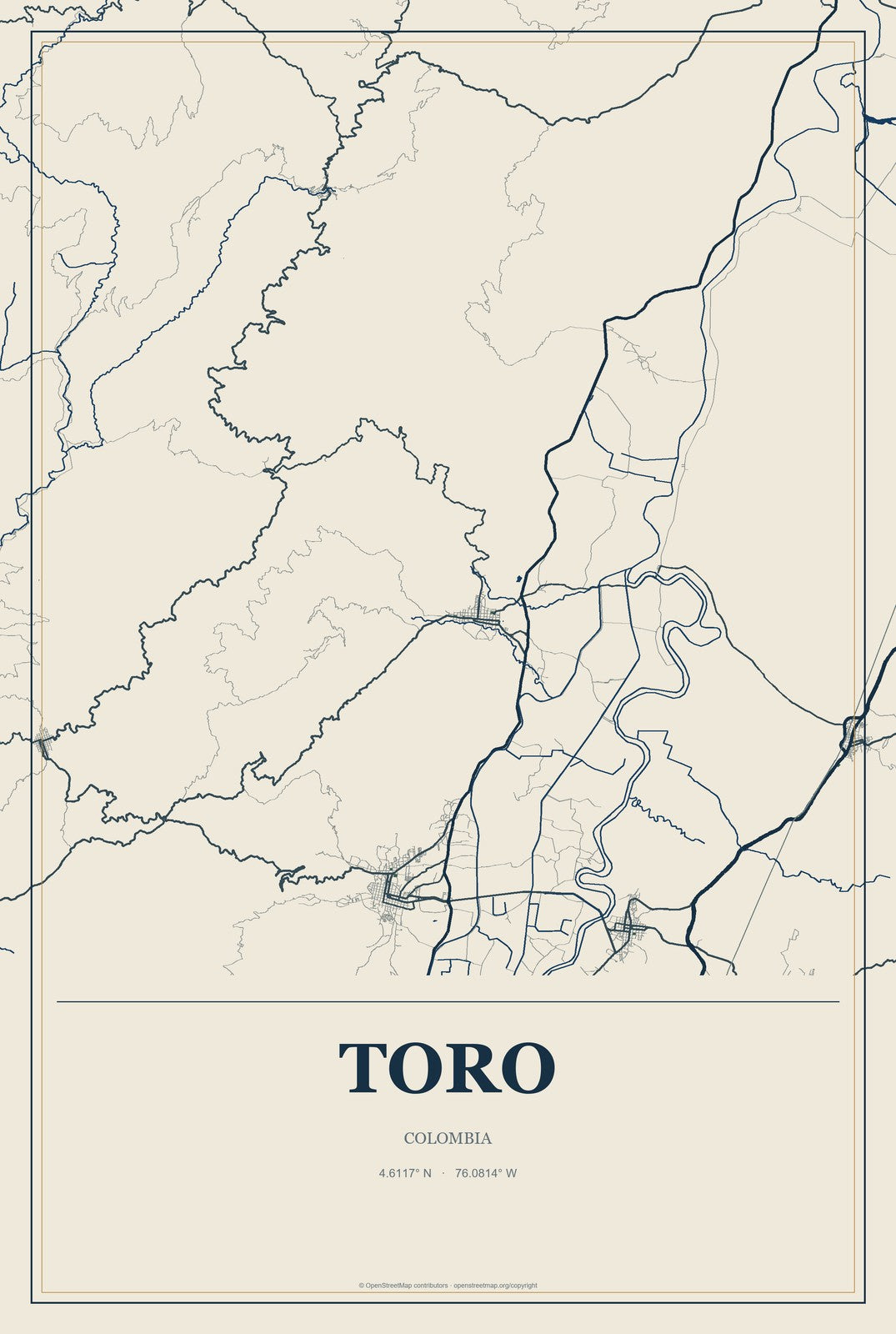 Toro, Colombia City Map Aluminum Sign in Coastal Cutout style