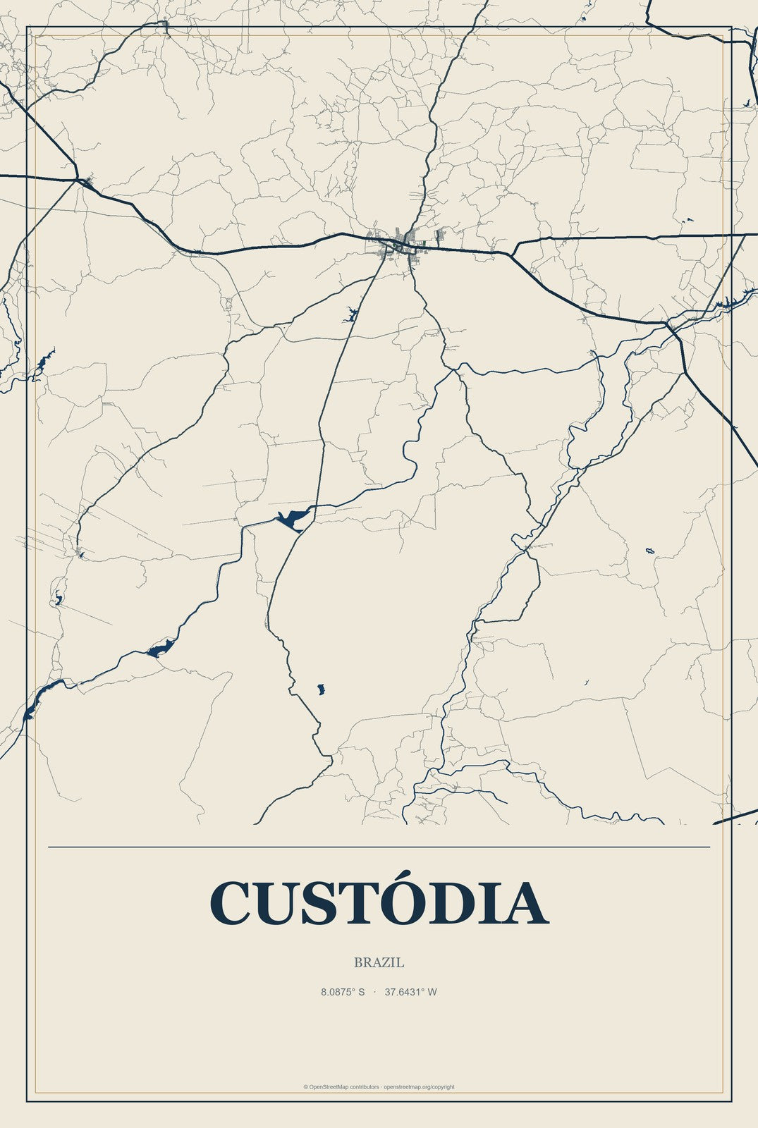 Custódia, Brazil City Map Aluminum Sign in Coastal Cutout style