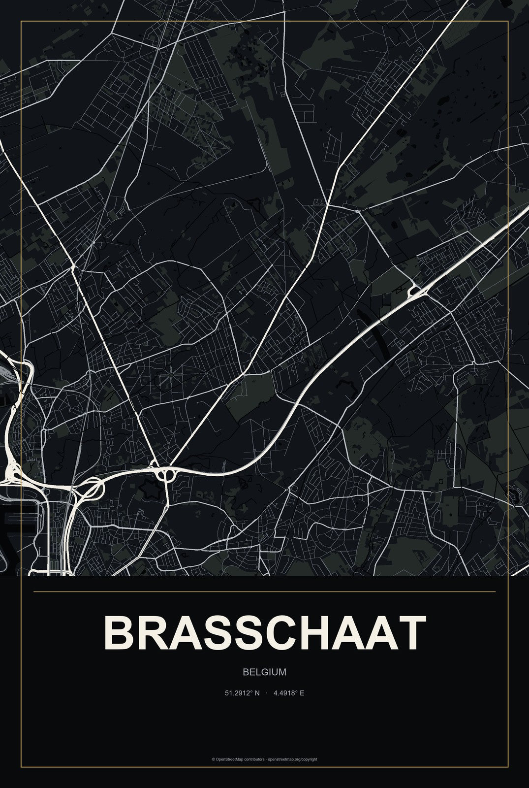 Brasschaat, Belgium City Map Aluminum Sign in Metropolitan Noir style