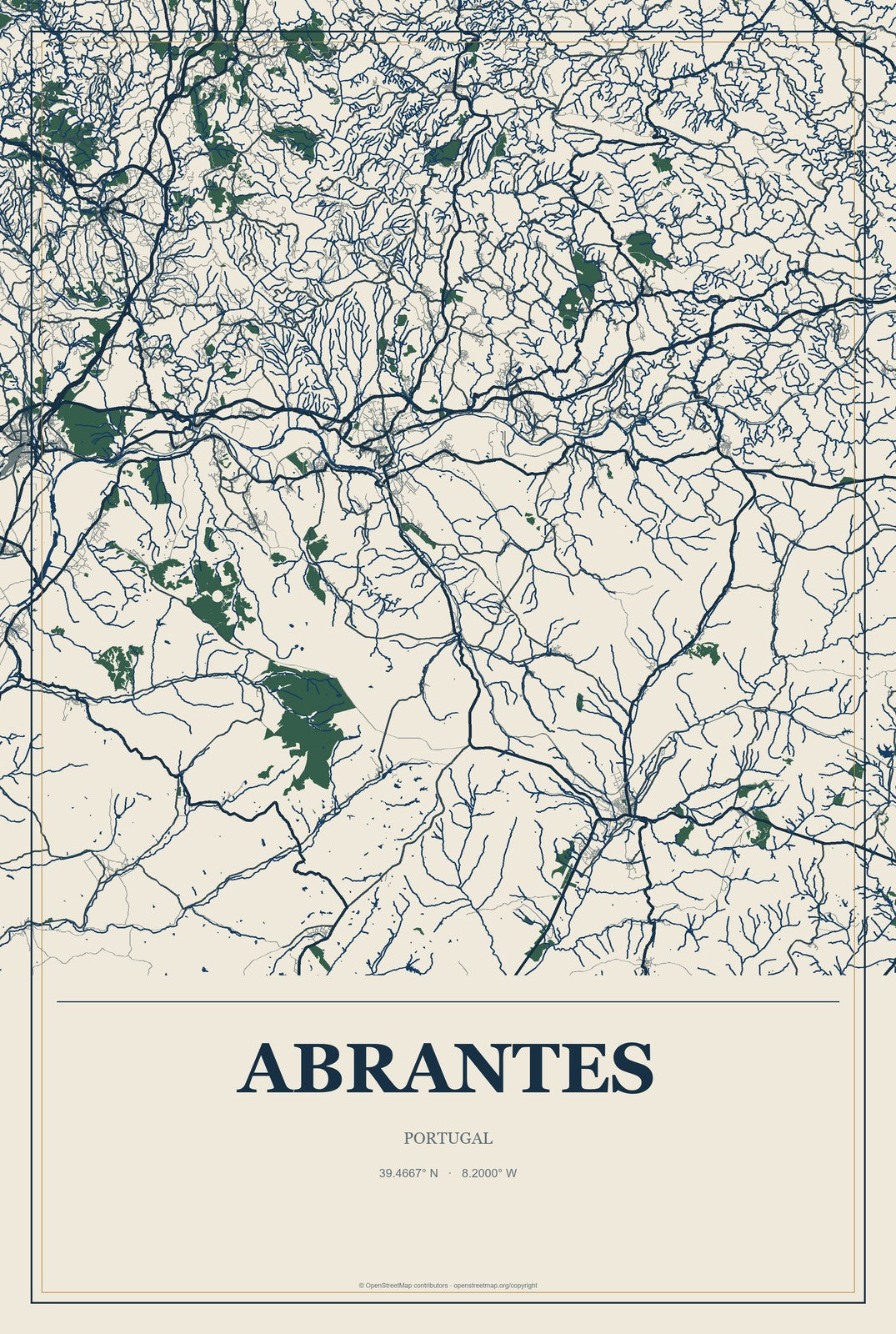 Abrantes, Portugal City Map Aluminum Sign in Coastal Cutout style
