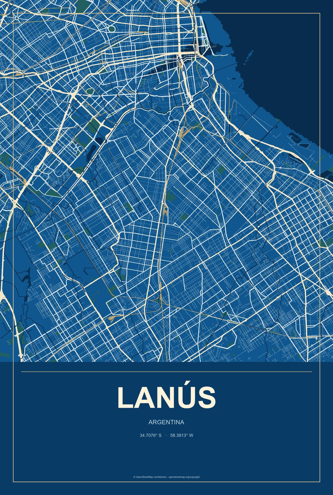Lanús, Argentina City Map Aluminum Sign in Harbor Cobalt style
