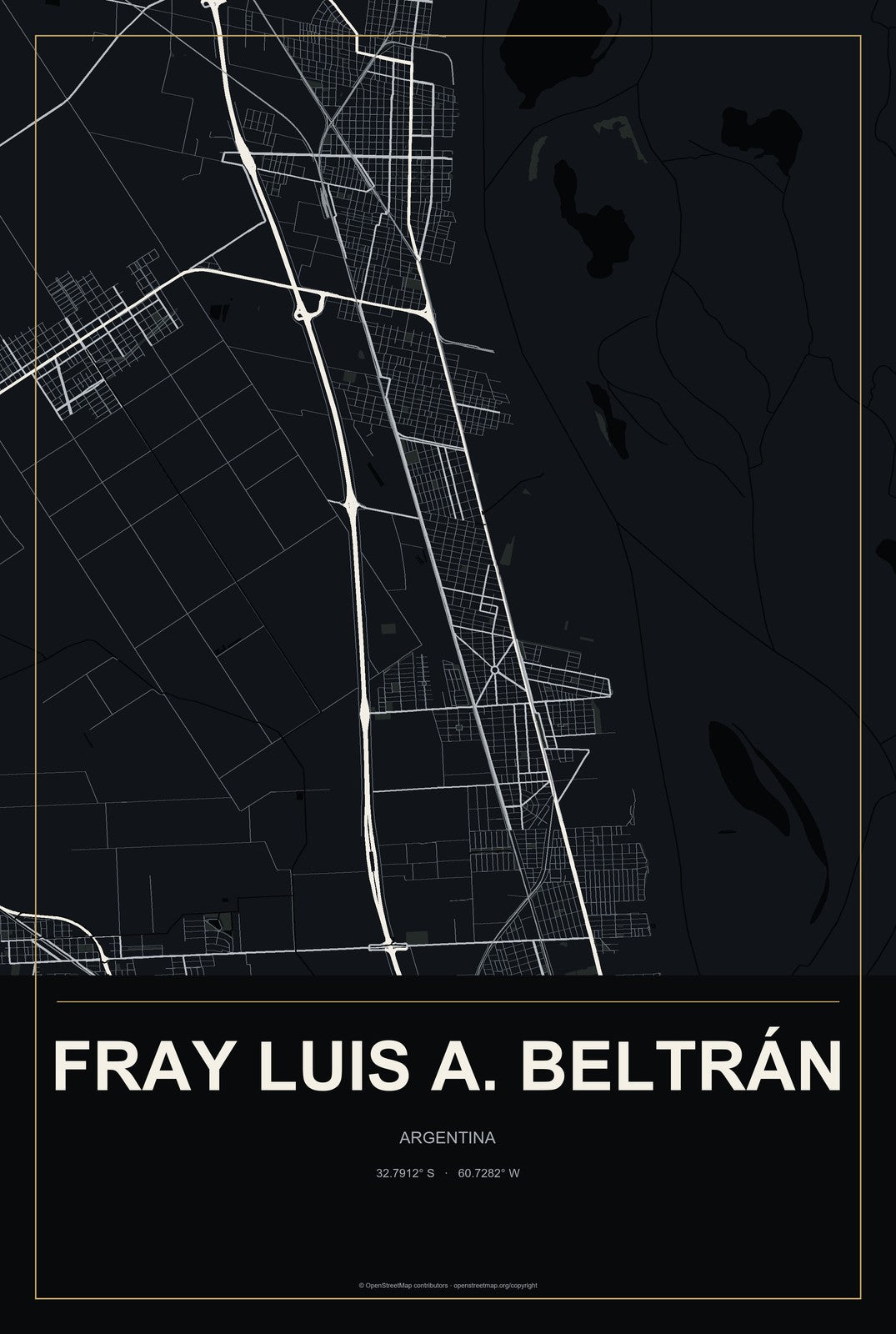 Fray Luis A. Beltrán, Argentina City Map Aluminum Sign in Metropolitan Noir style
