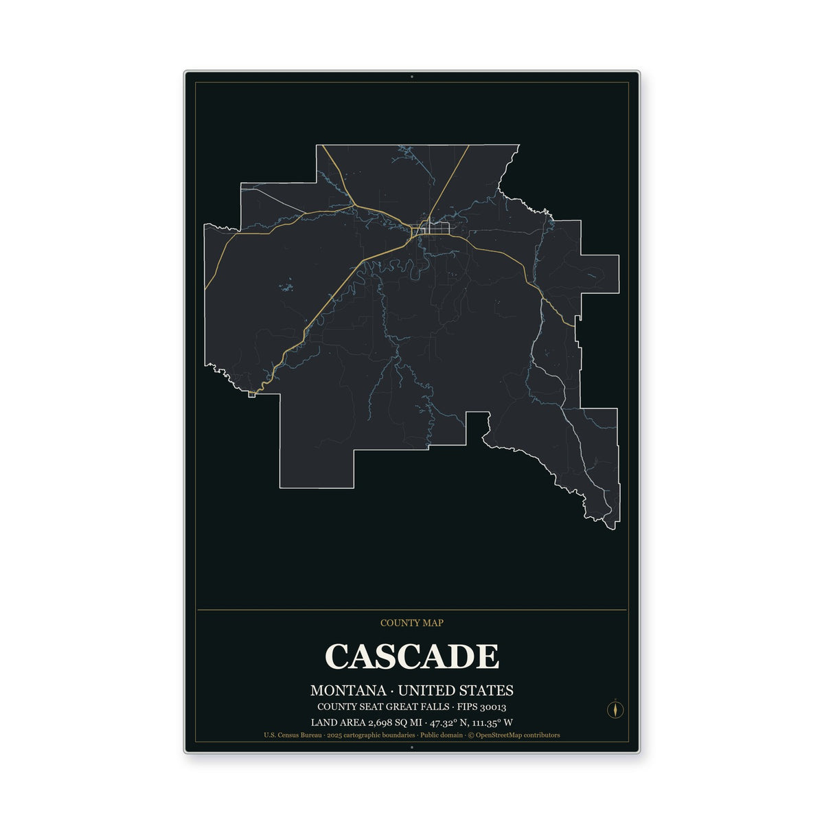 Cascade County, Montana Map Aluminum Sign in Metropolitan Noir style