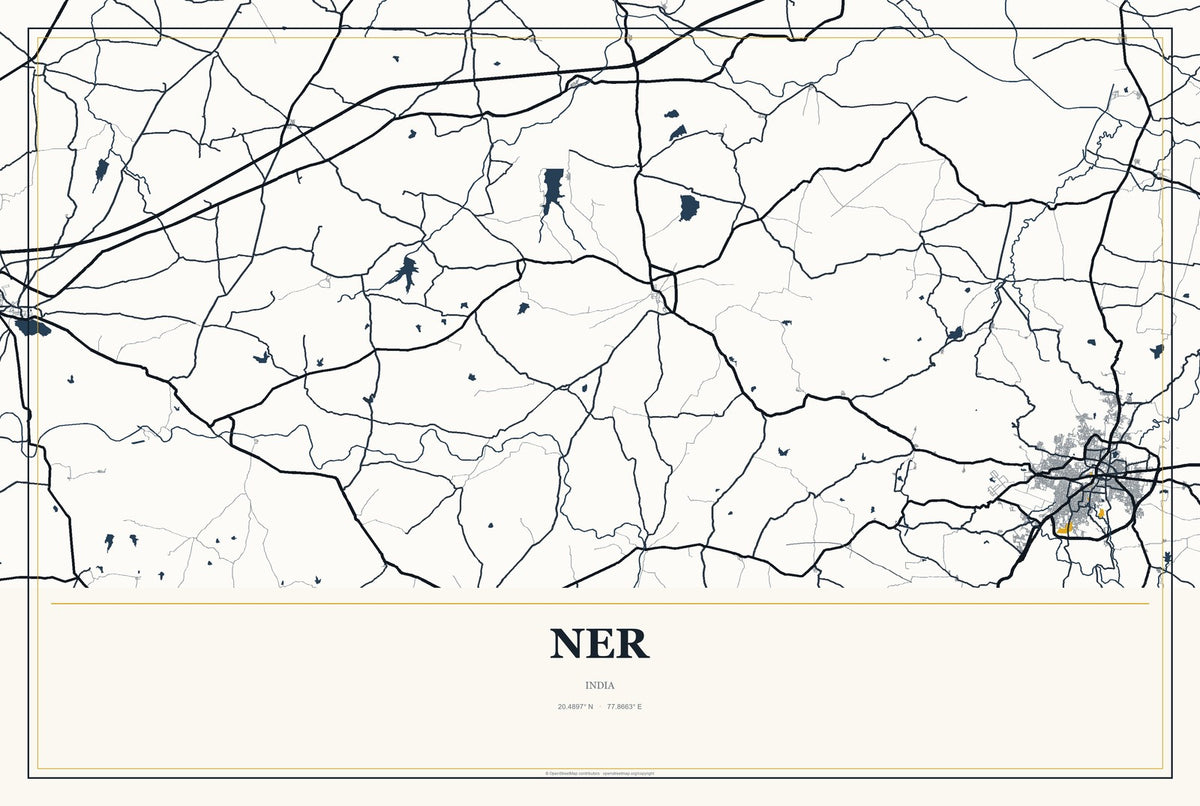 Ner, India City Map Aluminum Sign in Citrine Modern style
