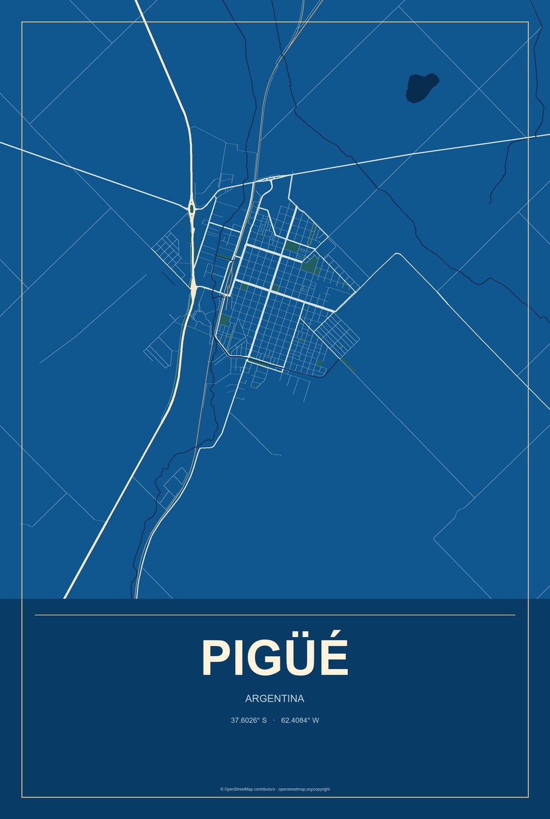 Pigüé, Argentina City Map Aluminum Sign in Harbor Cobalt style