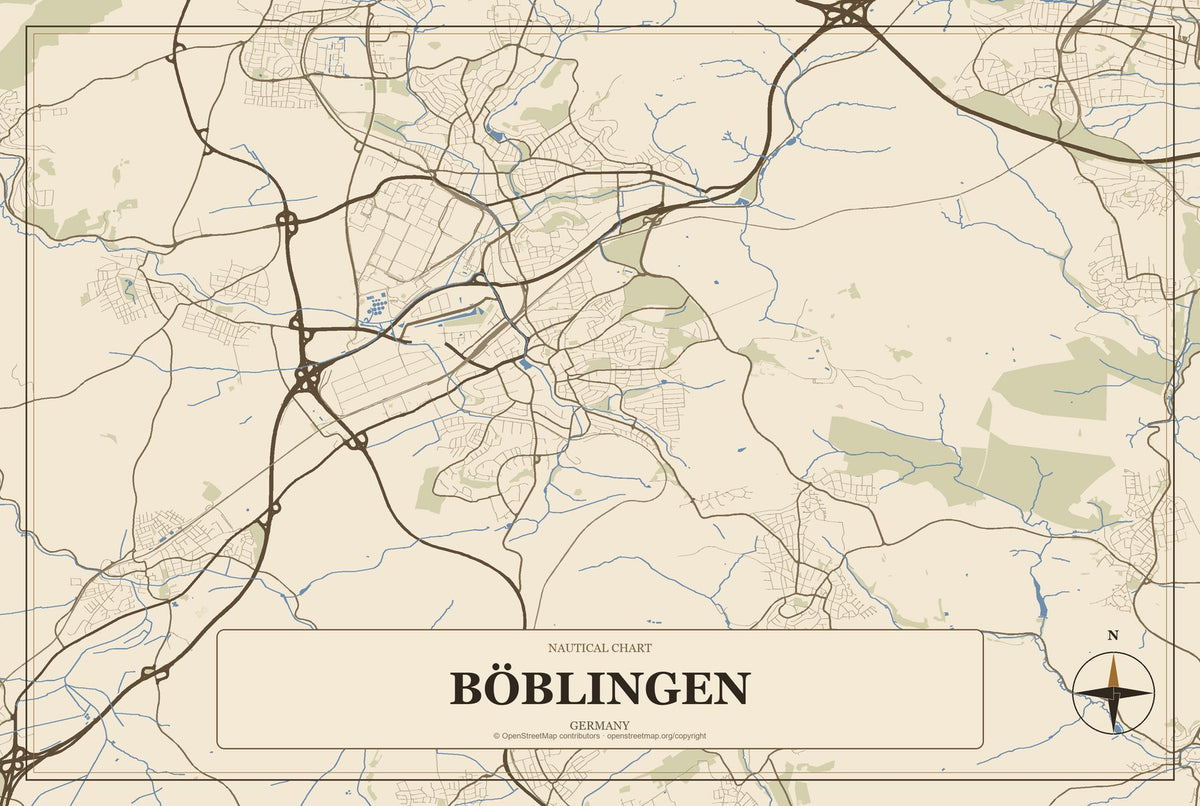Böblingen, Germany City Map Aluminum Sign in Heritage Nautical style