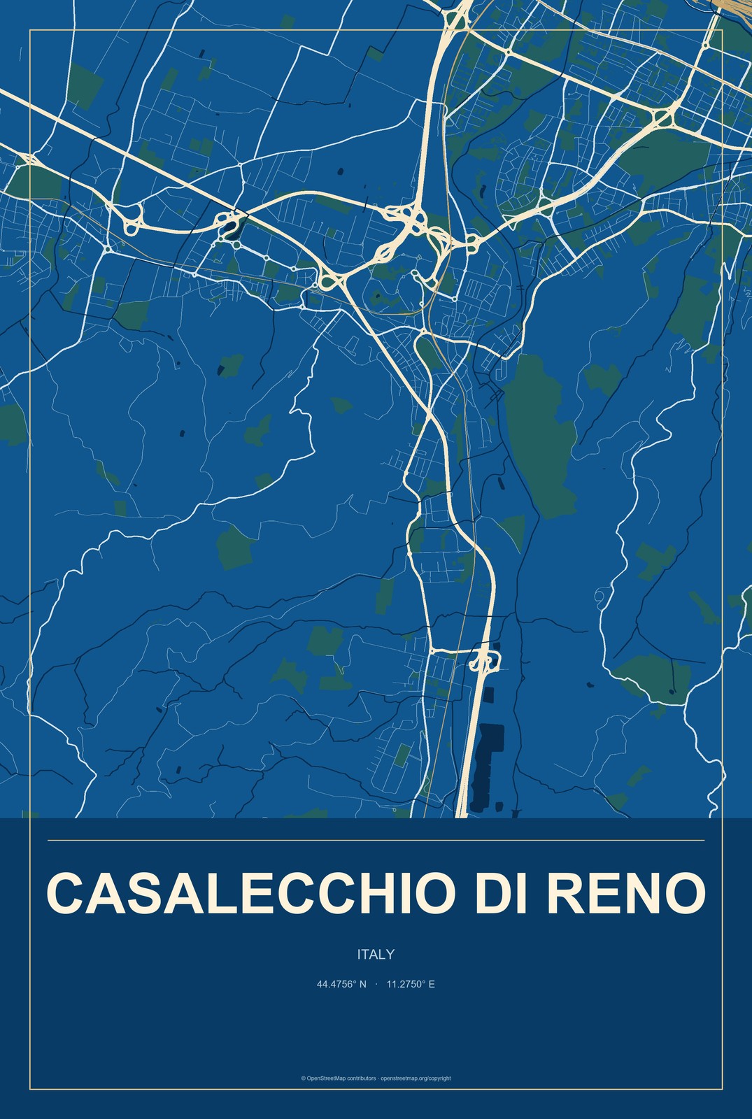 Casalecchio di Reno, Italy City Map Aluminum Sign in Harbor Cobalt style