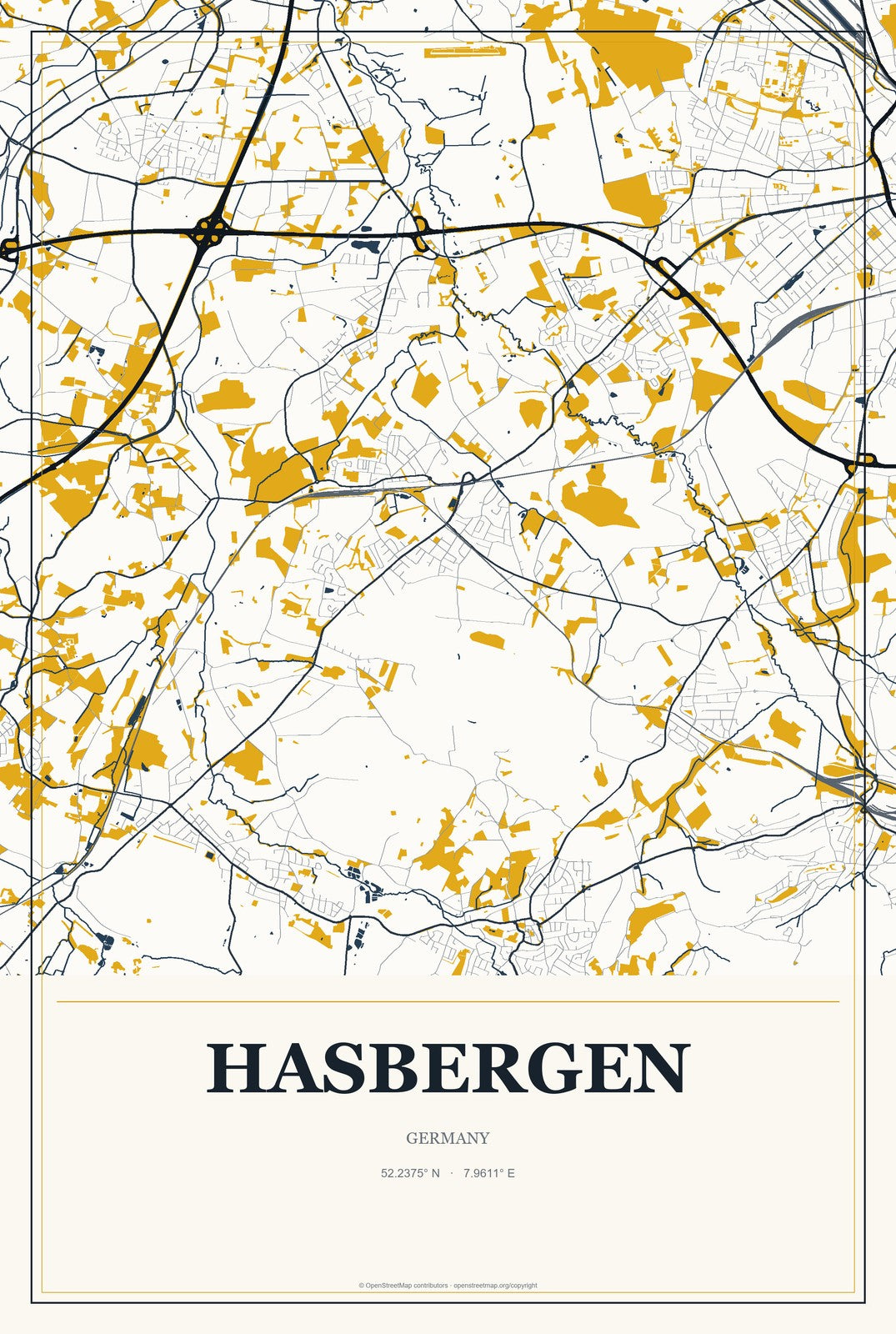 Hasbergen, Germany City Map Aluminum Sign in Citrine Modern style