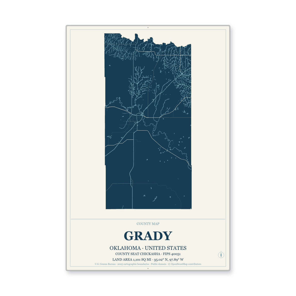 Grady County, Oklahoma Map Aluminum Sign in Coastal Cutout style