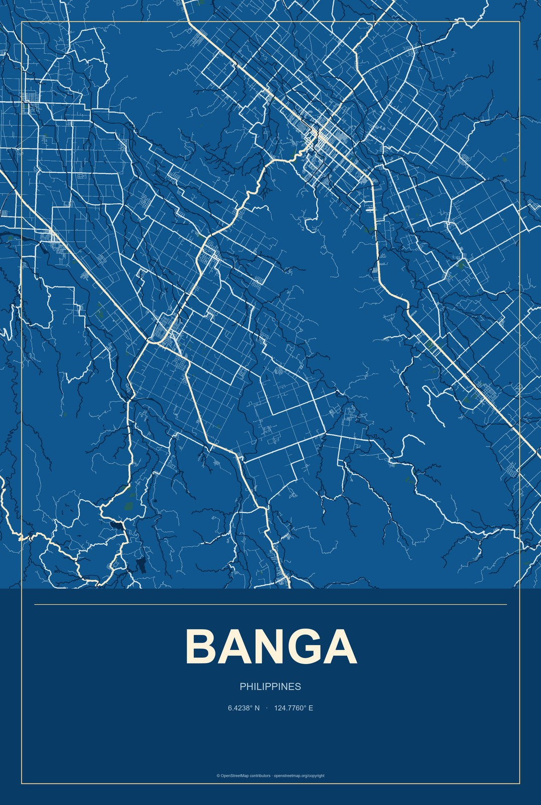Banga, Philippines City Map Aluminum Sign in Harbor Cobalt style